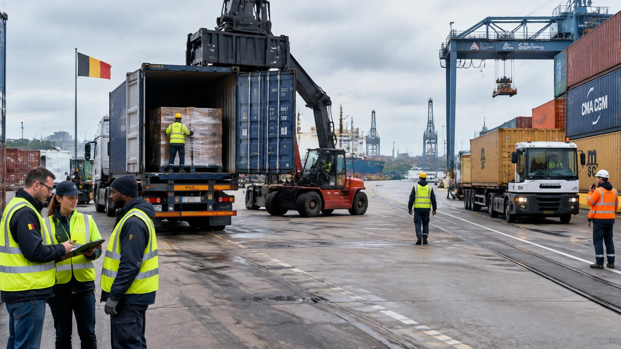 Shipping containers and trucks at a logistics terminal